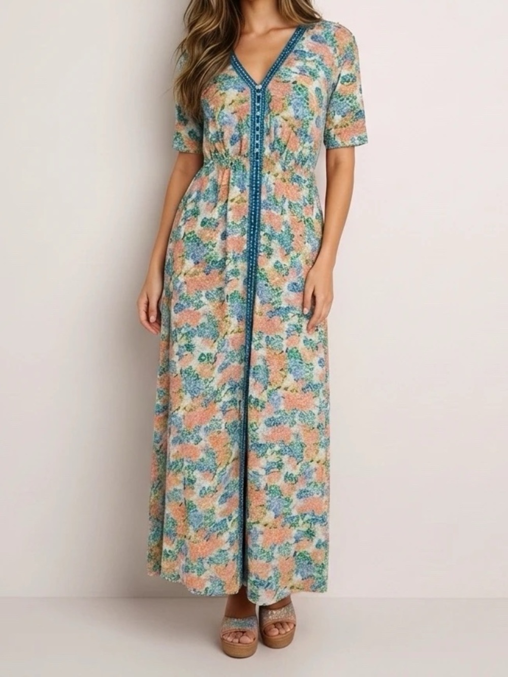 MELLODAY Blue Trim Floral Maxi Dress in Orange, Blue, Yellow
